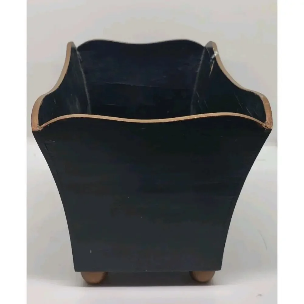 Vintage Toleware Hand Painted Roses Black Jardiniere Cache Pot Decor Vanity - Picture 3 of 12